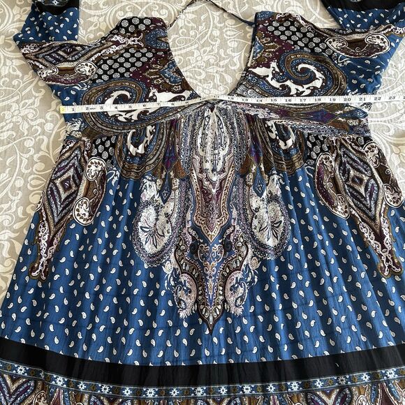 Velzera Mini Dress Women M Blue Multi Paisley TieBack Boho Peasant Gypsy Cottage - Picture 6 of 16